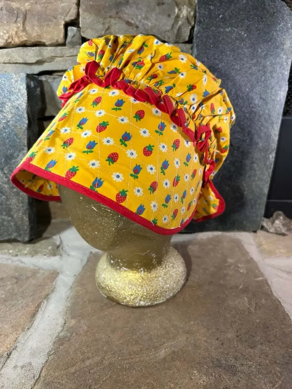 Strawberry and tulips Yellow with red trim adorable Prairie Bonnet costume small